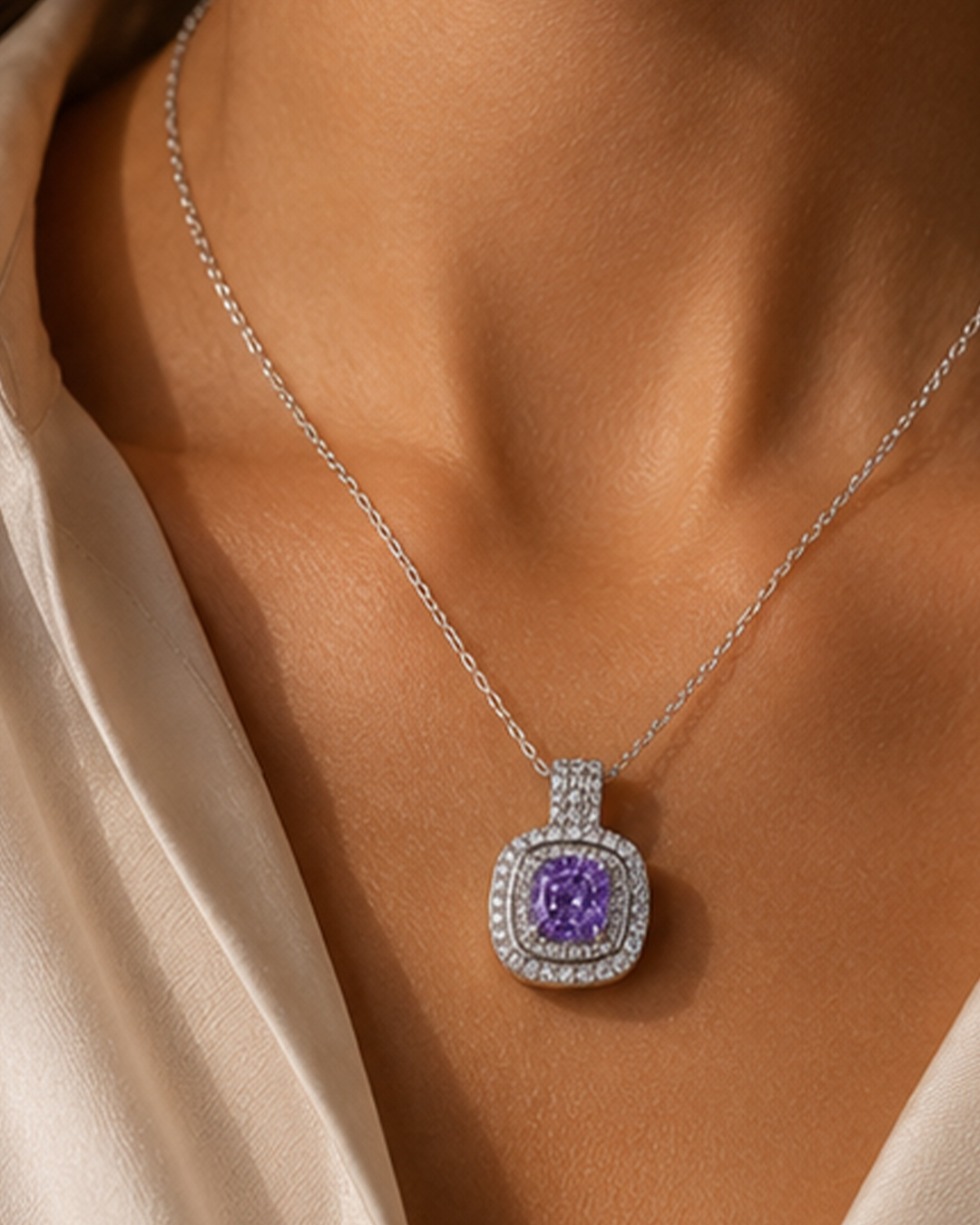 Simple silver necklace inlaid with white zircon and amethyst stones - Image 3