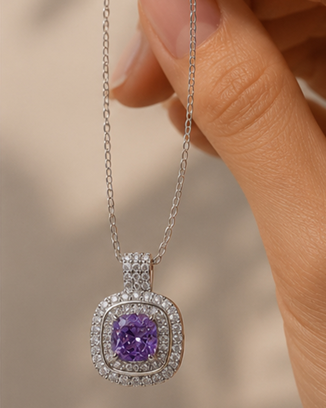 Simple silver necklace inlaid with white zircon and amethyst stones - Image 2