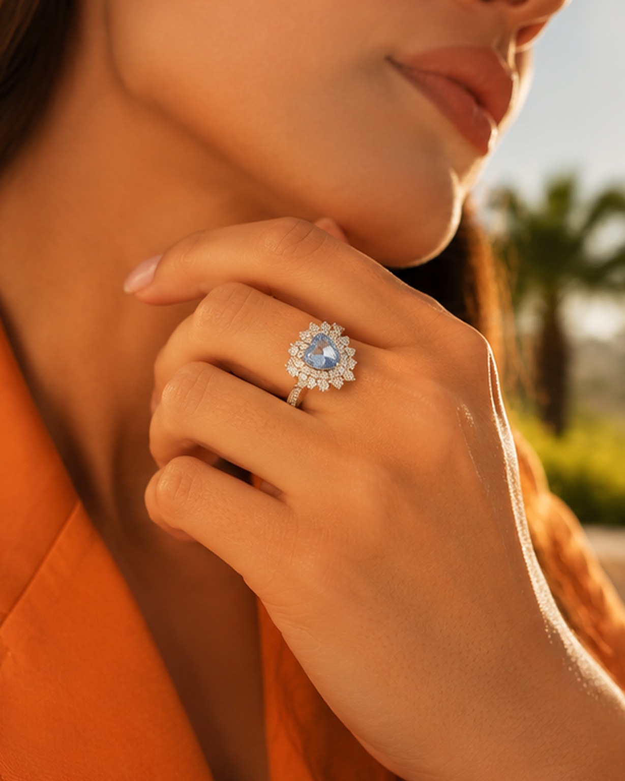 A simple silver ring set with white zircon and aquamarine stones.