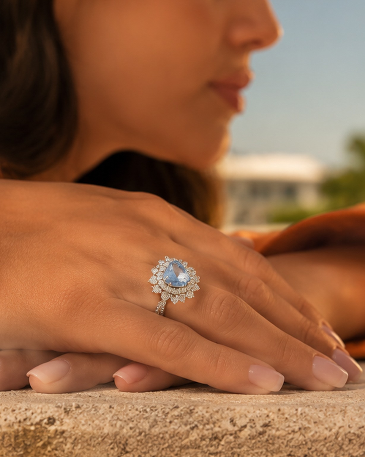 A simple silver ring set with white zircon and aquamarine stones. - Image 3